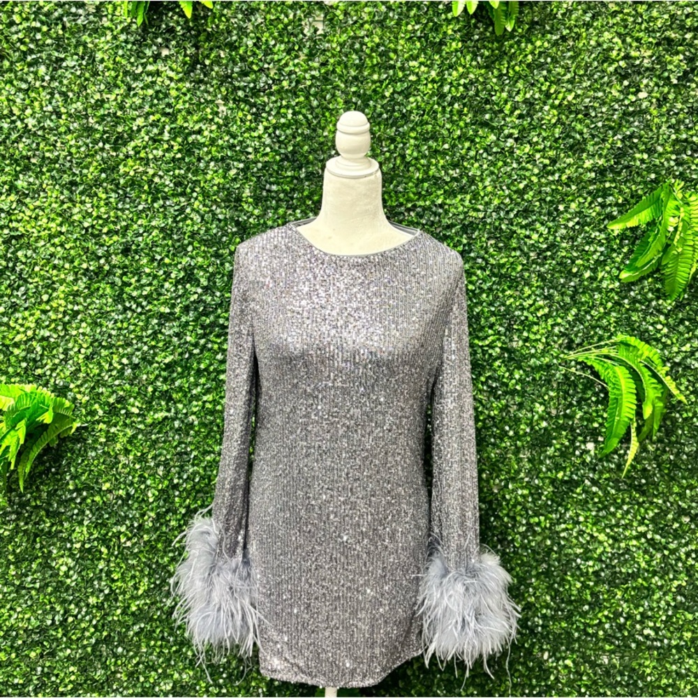 Elegant Silver Sequin Dress with Feather Cuffs